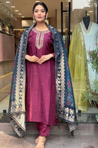 Purple Pure Viscose Chanderi Embroidered Kurta Set_Kumari Sarees
