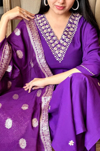 Purple Chanderi Jaccard Silk Embroidery Kurta Set_Kumari Sarees