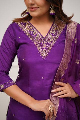Purple Viscose Chanderi Embroidery Kurta Set