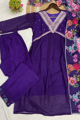 Purple Georgette Printed Teby Kurta Set