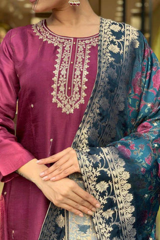Purple Pure Viscose Chanderi Embroidered Kurta Set_Kumari Sarees