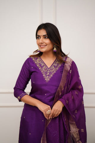 Purple Viscose Chanderi Embroidery Kurta Set