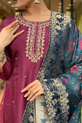 Purple Pure Viscose Chanderi Embroidered Kurta Set_Kumari Sarees