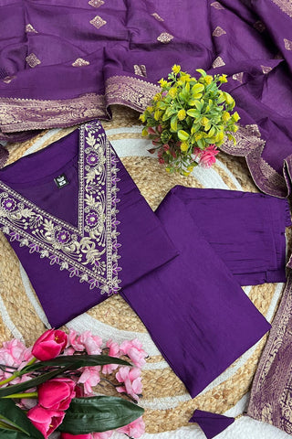 Purple Viscose Chanderi Embroidery Kurta Set