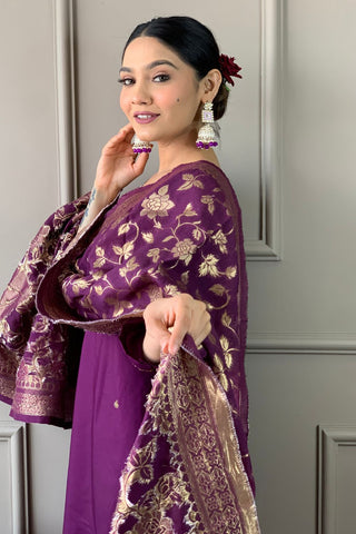 Wine Chanderi Jaccard Silk Embroidery Kurta Set.