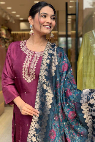 Purple Pure Viscose Chanderi Embroidered Kurta Set_Kumari Sarees