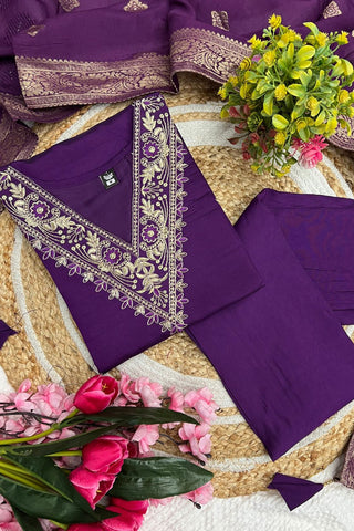 Purple Viscose Chanderi Embroidery Kurta Set