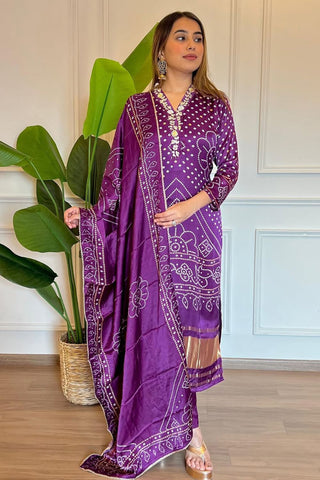 Purple Viscose Position Printed & Embroidered Kurta Set
