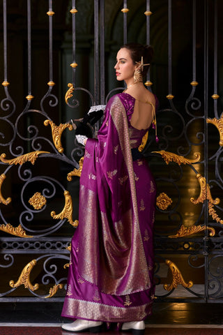 Purple Pure Satin Silk Crepe Saree_Kumari Sarees