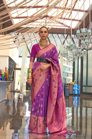 Purple Self Contrast Chaap Handloom Weaving Saree_Kumari Sarees