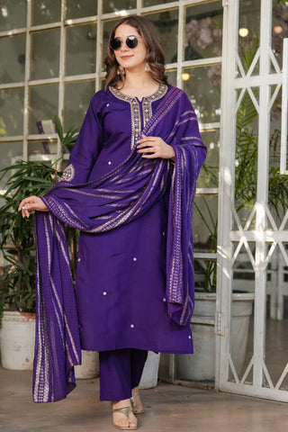 Purple Viscose Chanderi Jacqurad Embroidery Kurta Set_Kumari Sarees