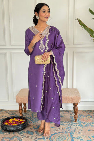 Purple Nylon Chanderi Embroidery Kurta Set