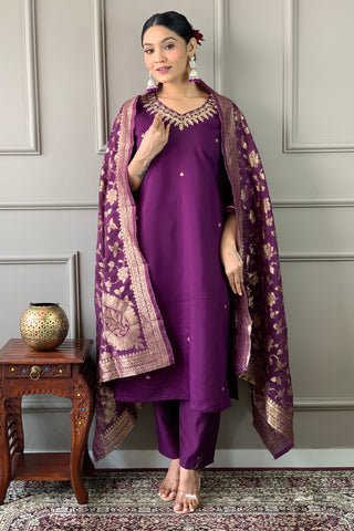 Wine Chanderi Jaccard Silk Embroidery Kurta Set.