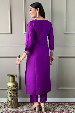 Purple Viscose Chanderi Embroidery Kurta Set