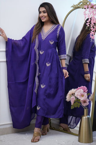 Purple Cotton Chanderi Embroidered Kurta Set_Kumari Sarees