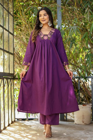 Purple Soft Rayon Slub Embroidered With Flared Kurta Set_Kumari Sarees
