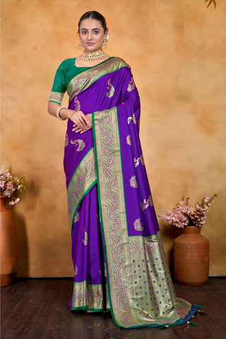 Purple & Green Banarasi Silk Saree Zari With Rich Pallu_Kumari Sarees