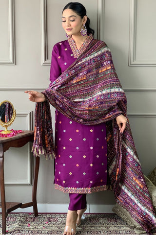 Purple Viscose Chanderi Chinon Embroidery Kurta Set_Kumari Sarees