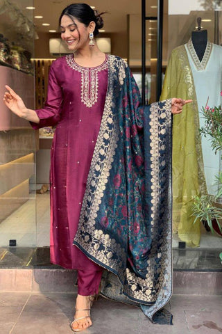 Purple Pure Viscose Chanderi Embroidered Kurta Set_Kumari Sarees