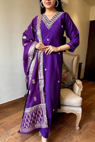 Purple Chanderi Jaccard Silk Embroidery Kurta Set_Kumari Sarees