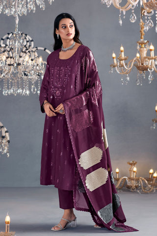 Purple Pure Russian Silk Embroidery Kurta Set