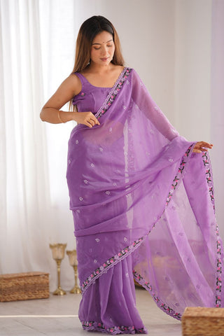 Purple Sequins Silk Embroidery Thread Work Saree_Kumari Sarees