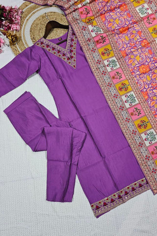 Purple Viscose Chanderi With Embroidered Kurta Set_Kumari Sarees