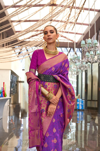 Purple Self Contrast Chaap Handloom Weaving Saree_Kumari Sarees