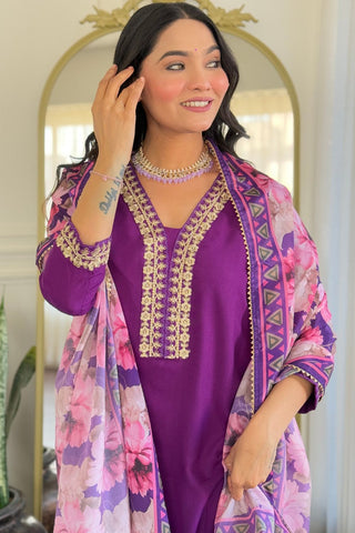 Purple Viscose Slub Embroidery Kurta Set_Kumari Sarees