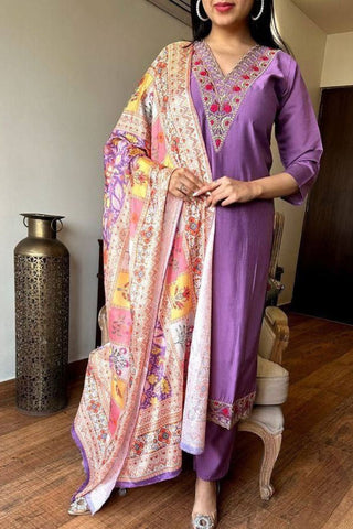 Purple Viscose Chanderi With Embroidered Kurta Set_Kumari Sarees