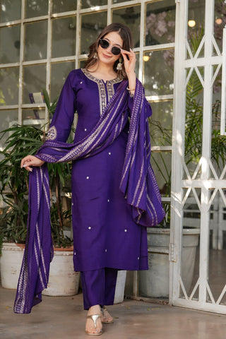 Purple Viscose Chanderi Jacqurad Embroidery Kurta Set_Kumari Sarees