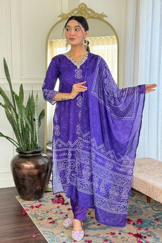 Purple Viscose Gadhwal France Crepe Chinon Embroidery Kurta Set_Kumari Sarees