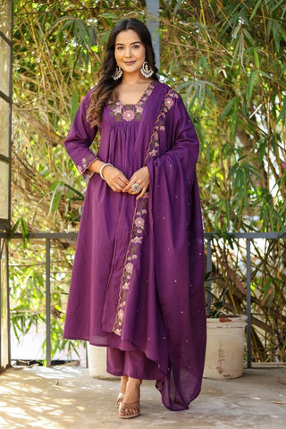 Purple Soft Rayon Slub Embroidered With Flared Kurta Set_Kumari Sarees
