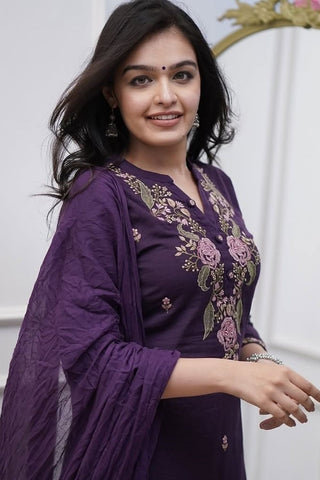 Purple Viscose With Embroidery Kurta Set_Kumari Sarees