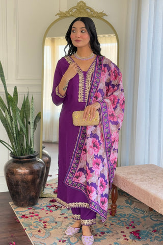 Purple Viscose Slub Embroidery Kurta Set_Kumari Sarees