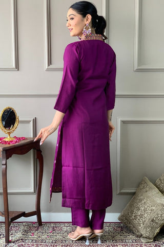 Purple Viscose Chanderi Chinon Embroidery Kurta Set_Kumari Sarees