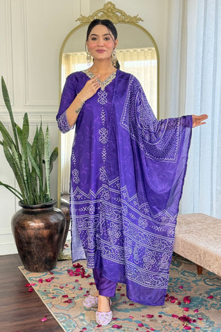 Purple Viscose Gadhwal France Crepe Chinon Embroidery Kurta Set_Kumari Sarees