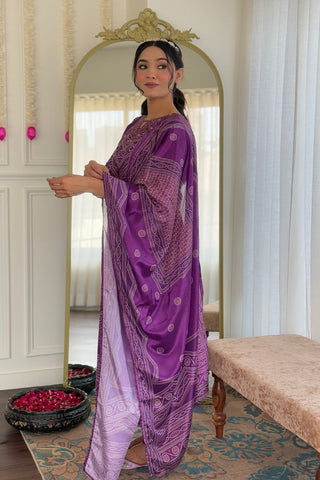 Purple Viscose Gadhwal Chinon Embroidery Kurta Set