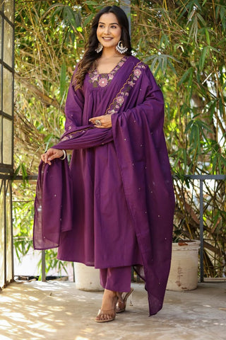 Purple Soft Rayon Slub Embroidered With Flared Kurta Set_Kumari Sarees