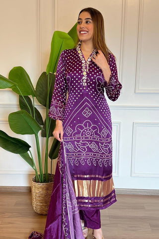 Purple Viscose Position Printed & Embroidered Kurta Set