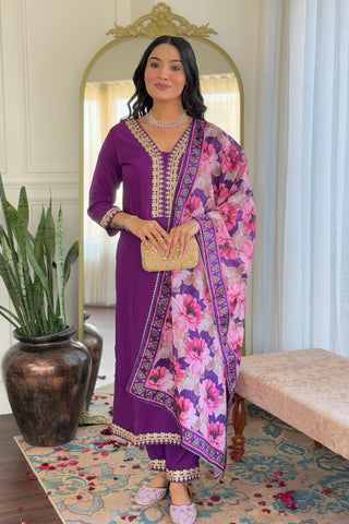 Purple Viscose Slub Embroidery Kurta Set_Kumari Sarees