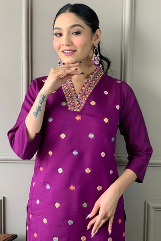 Purple Viscose Chanderi Chinon Embroidery Kurta Set_Kumari Sarees
