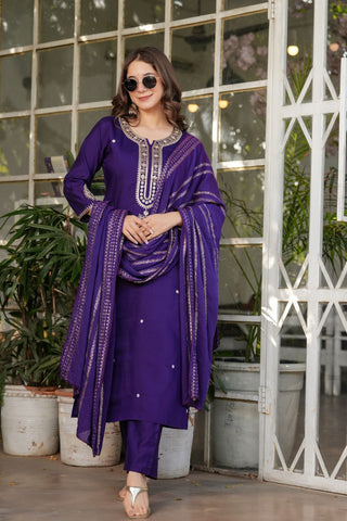 Purple Viscose Chanderi Jacqurad Embroidery Kurta Set_Kumari Sarees