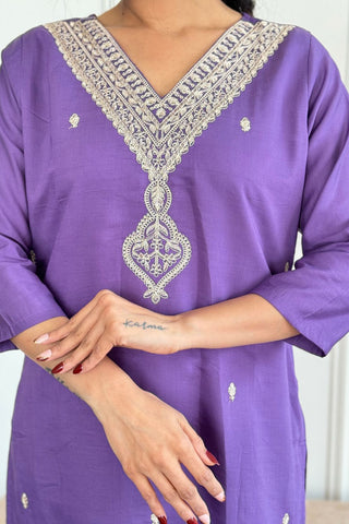 Purple Nylon Chanderi Embroidery Kurta Set_Kumari Sarees