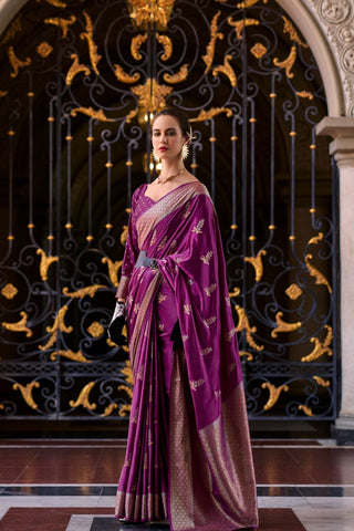 Purple Pure Satin Silk Crepe Saree_Kumari Sarees