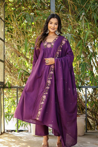 Purple Soft Rayon Slub Embroidered With Flared Kurta Set_Kumari Sarees