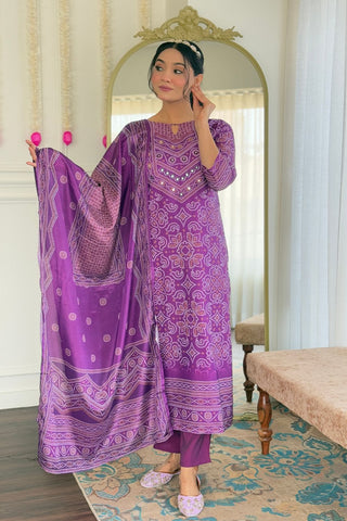 Purple Viscose Gadhwal Chinon Embroidery Kurta Set