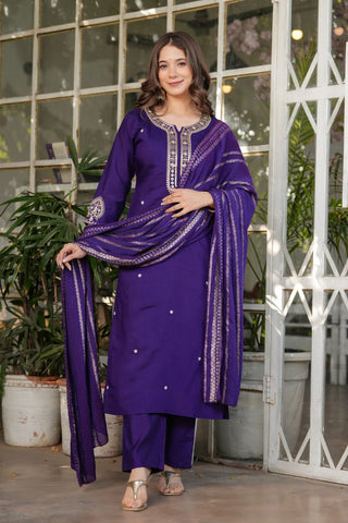 Purple Viscose Chanderi Jacqurad Embroidery Kurta Set_Kumari Sarees