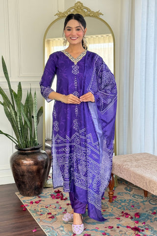Purple Viscose Gadhwal France Crepe Chinon Embroidery Kurta Set_Kumari Sarees