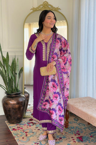 Purple Viscose Slub Embroidery Kurta Set_Kumari Sarees
